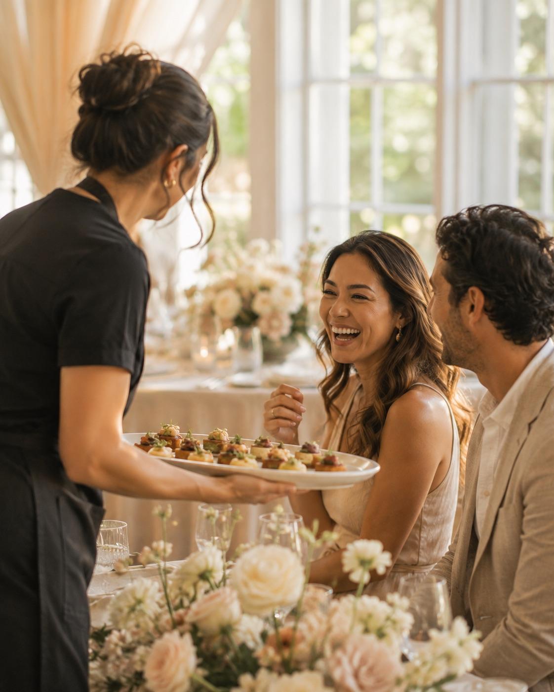 Warm hospitality moment as a member of the Anush Lini team offers a tray of appetizers to guests at a bright celebration