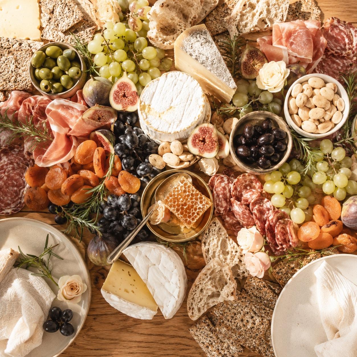 Abundant grazing table with cheeses, charcuterie, fresh fruit, nuts and honey styled as an event centerpiece