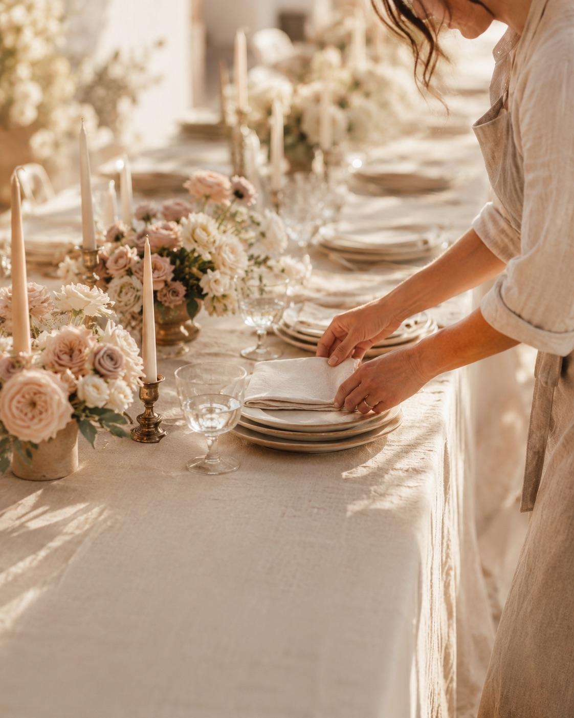 Anush Lini event planner styling a long celebration table with linen, glassware and fresh florals in warm California daylight